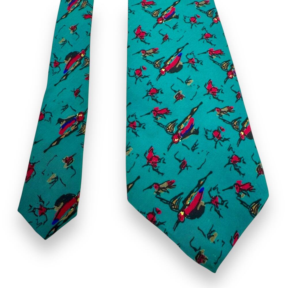 Vintage J Garcia Silk Tie Birds Teal Novelty 58" USA Made Artsy
